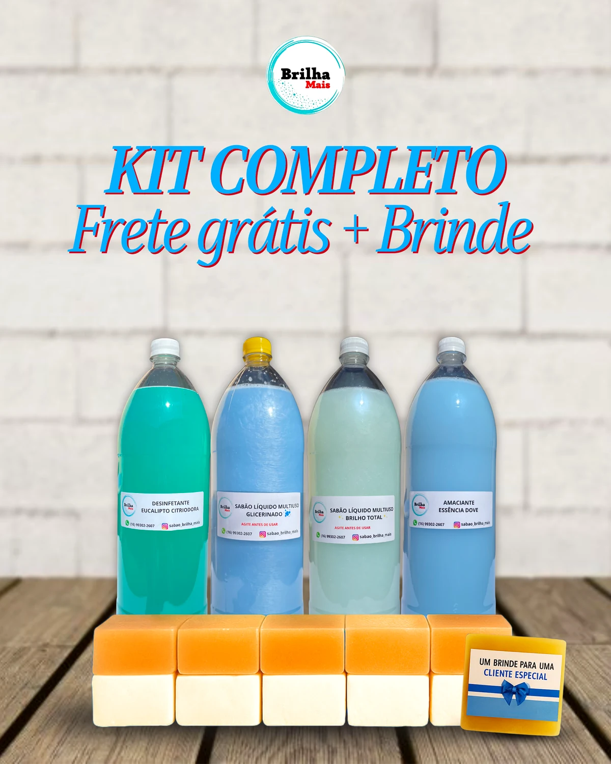 Kit Completo: quatro garrafas de 2 litros e onze sabões em barra
